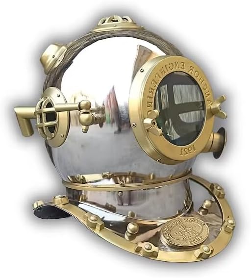 Chrome Diving Helmet - Anchor Engineering 1921 Diving Helmet - Deep Sea Divers Helmet - Nautical Divers Diving Helmet with Wooden Base