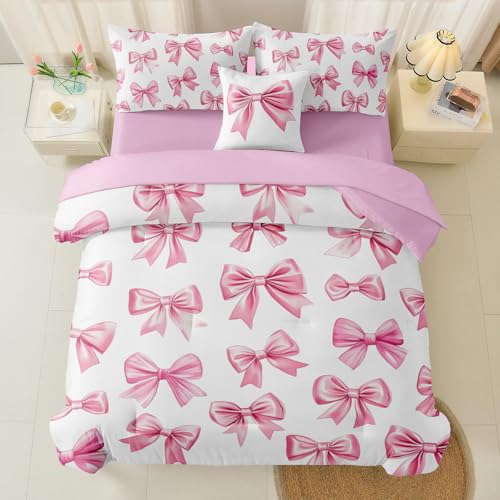 Image of DORCAS Bow Comforter Set Full Bed in A Bag for Girls,6 Pieces Pink Bow Bedding Sets with Sheets for Kids