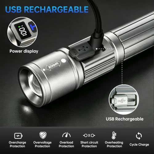Image of Rechargeable Flashlights 2 Pack Super Bright Flash Light (Titanium) | LCD Digital Display, 5 Modes, USB C Charging, Zoomable Linternas, Powerful Handheld Flashlights for Home Emergencies Camping