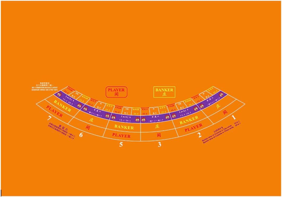 Lucky Six Baccarat Table Layout, Orange, Synthetic Cloth, 86.6 x 59 Inch, No Commission, Waterproof, High Resolution Digital Printing