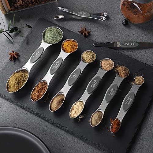 Magnetic Measuring Spoons Set Stainless Steel With Leveler, Stackable Metal Tablespoon Measure Spoon For Kitchen Gadgets Essentials Fits In Spice Jars (Grey) #TOP6