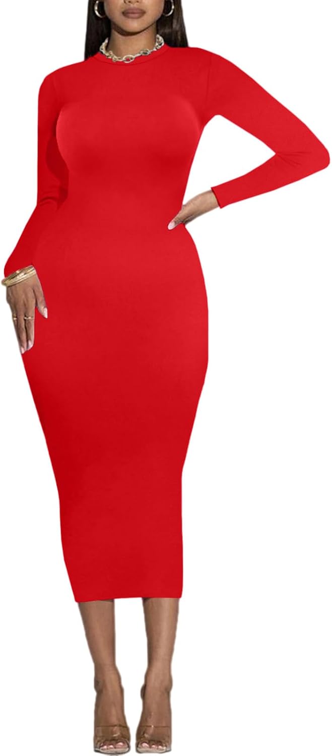 Women's Long Sleeve Bodycon Dress - Midi Casual Club Party Long Fitted Tight Fall Dresses - Image 2