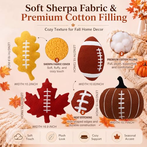 Image of HunnmingRe 4 Pcs Christmas Throw Pillows Fall Football Plush Pillows Winter Holiday Cushion Soft Decorative Cushions for Couch Bedroom Living Room Thanksgiving Xmas Decor (Earthy Color,Fall Football)