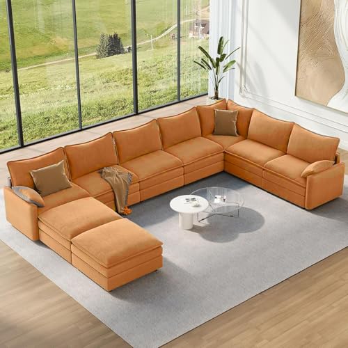 Image of Vesgantti Large Modular Sectional Sofa, Big Comfy Cloud Couch with Ottoman Deep Seat Chenille Cloud Sofa, 9 Seater Large Sectional Couches for Living Room, Bedroom and Apartment, Orange