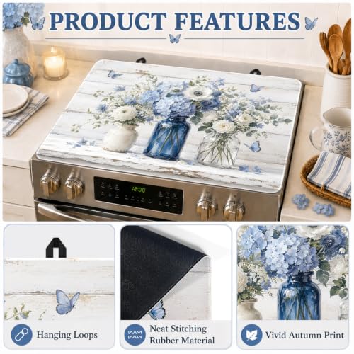 Image of Blue White Floral Stove Top Cover,28x20 Inch,Rubber Glass Cooktop Protector