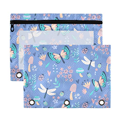Estuche para lápices de 3 anillos con diseño de seta de mariposa, paquete de 2 estuches de plástico transparente impermeable con cremallera, bolsa de cosméticos y organizador de documentos de oficina