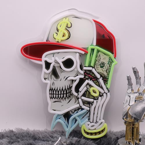 Image of Skull & Dollar Dreams LED Neon Sign USB Powered for Wall Decor, Horror Bones Neon Night Light Sign Dimmable for Boys Room Party Decor Halloween Birthday Gifts