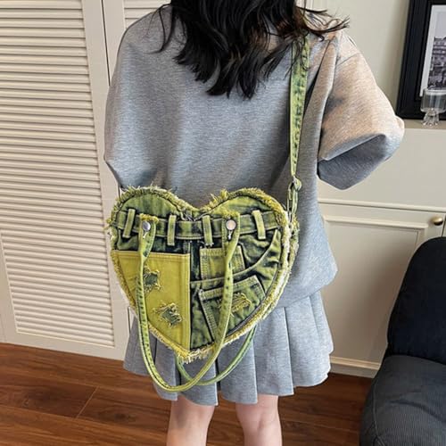 Sac en denim Y2K patchwork et messager mignon en cœur pour ado - 3