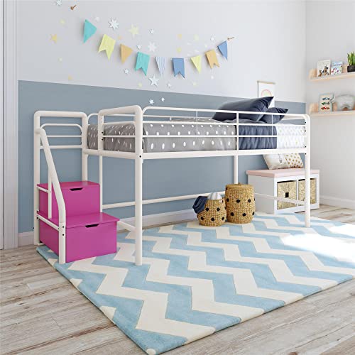 DHP Junior Twin Metal Loft Bed with Storage Steps, Multifunctional Space-Saving Solution - White with Pink Steps