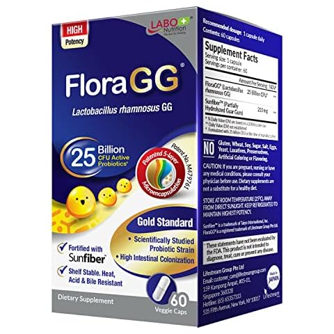 LABO Nutrition FloraGG, Lactobacillus Rhamnosus GG 25 Billion CFU Active Probiotics & Sunfiber Prebiotic Fiber Supplement, Support Healthy Intestinal, Immune Health| Delayed Release & Gluten Free 60s Cover
