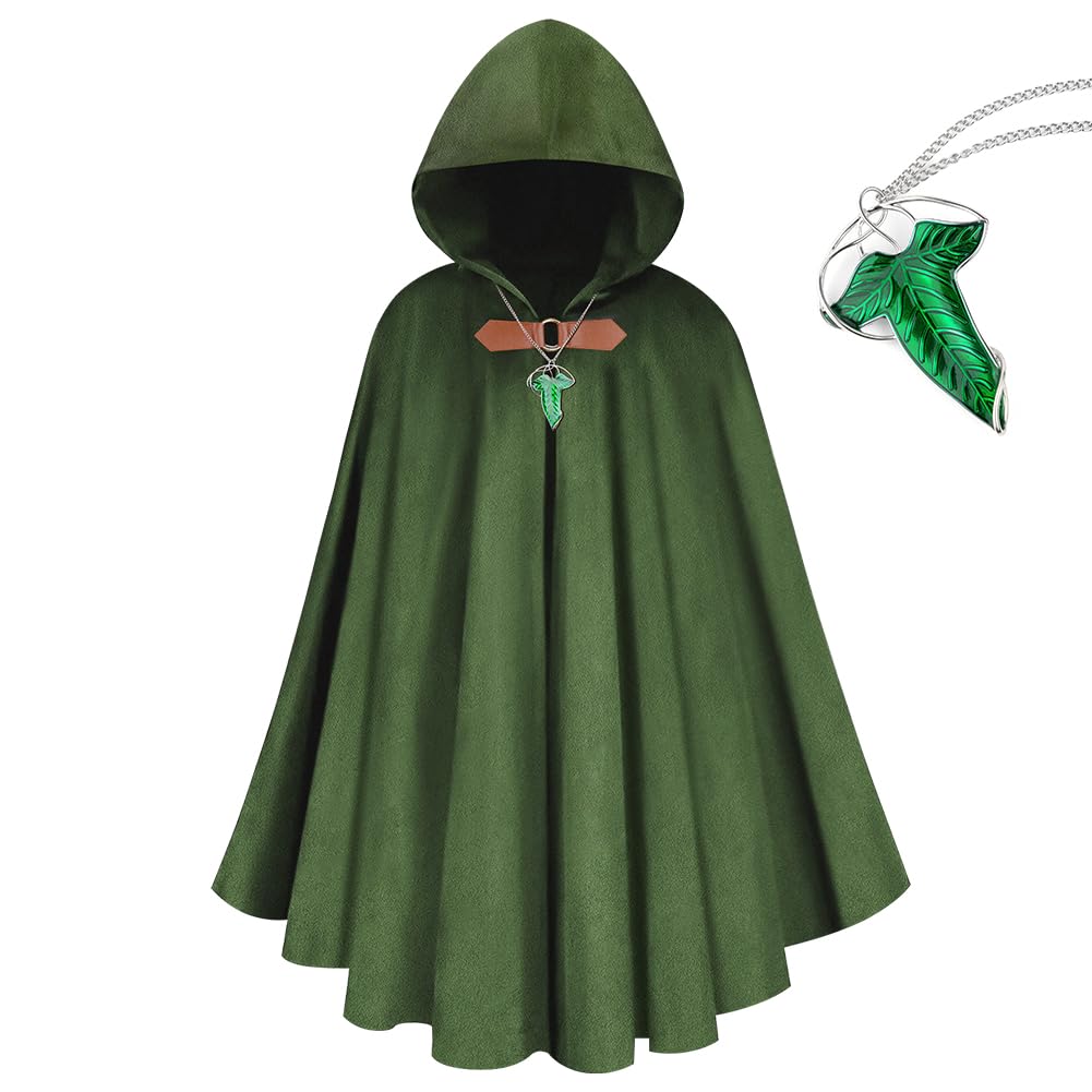 Medievale di Mantello con Cappuccio, Mantello Hobbit, 2PZ Mantella di Halloween per Donna Uomo con Collana, Renaissance Mantella per Adulti per Halloween Halloween Cosplay, 100CM
