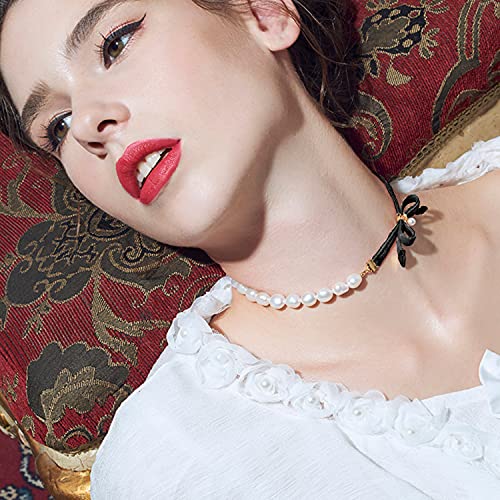 Cowlyn Bow Collar Half Baroque Cultured Pearl Choker Link Ribbon Chain Short Necklace Statement Jewelry For Women Girls #TOP1