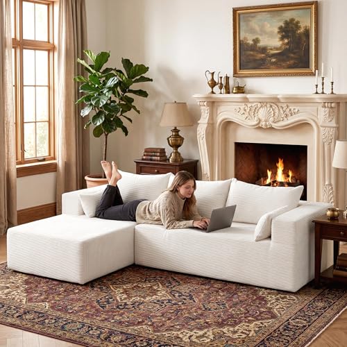 Image of 106 inch Cloud Sectional Boneless Couches for Living Room, Modular L Shaped Couch with Deep Seat Oversized Left Facing Chaise, Memory Foam Compressed Spineless 3 Seater Sofa for Bedroom Apartment, Beige