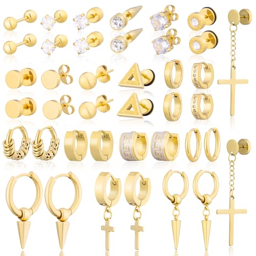 XIANNVXI 20 Pairs Earrings for Men Stainless Steel Small Hoop Earrings Cross Dangle Hypoallergenic Piercing Jewelry for Men Women