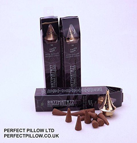 Razzmatazz una marca de  Perfect Pillow Ltd  90 conos plus 3 quemadores > 3 x 30 NAG CHAMPA Reino Unido fabricado conos de incienso + incluye quemador de latón, en caja de regalo gran calidad fabricado de incienso