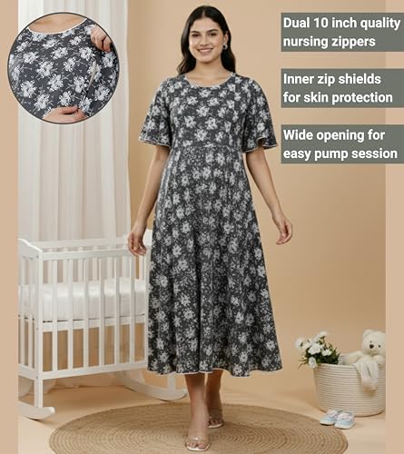 Image of DUMMY SHAPE Feeding Kurtis for Women Cotton Rayon | Printed Pregnancy Flare Kurta with Nursing Zippers to Pre & Post Partum | Maternity Dresses | Gifts for Pregnant Woman