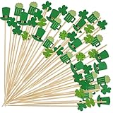 KIMOBER 200Pcs St. Patrick's Day Cocktail Picks,4.7 Inch Green Shamrock Clovers Hat Beer Bamboo Toothpicks Picks for Appetizers Fruit Food Sticks
