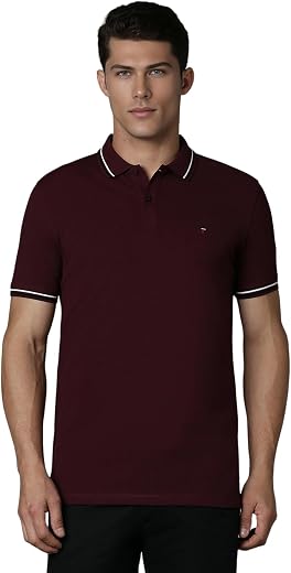 Louis Philippe Men's Slim Fit Textured Collar and Cuff Solid Pique Half Sleeve Polo T-Shirt with Stretch