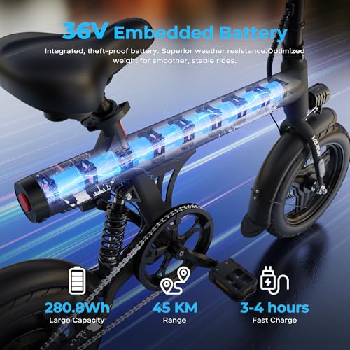 VARUN Electric Bike, 14" Folding Electric Bike 36V 280.8Wh Battery, 45KM Max Range, LCD Display, Rear Shock Absorber, Integrated Wheels, Commuter Ebike for Adults and Teens - Image 2