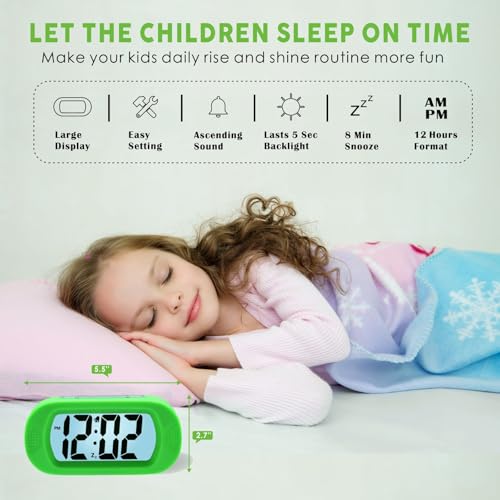 Image of Plumeet Kids Alarm Clock Large Digital LCD Travel Alarm Clocks with Snooze and Night Light - Ascending Sound and Handheld Size - Best Gift for Kids (Green)