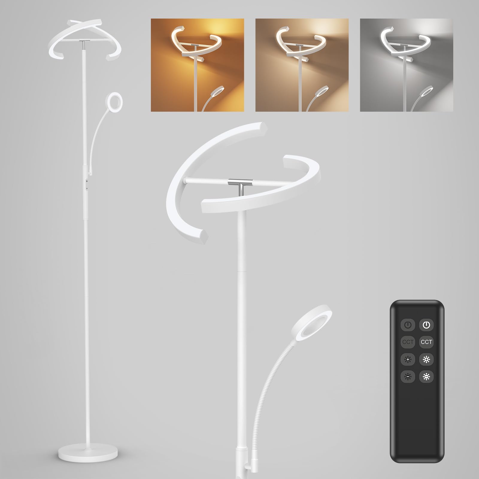 Lámpara de Pie Salón Regulable con Lámpara de Lectura Ajustable, Blanco 20W+7W Lámpara Pie con Mando a Distancia y Táctil, Función Memoria, Moderna LED para Dormitorio, Oficina