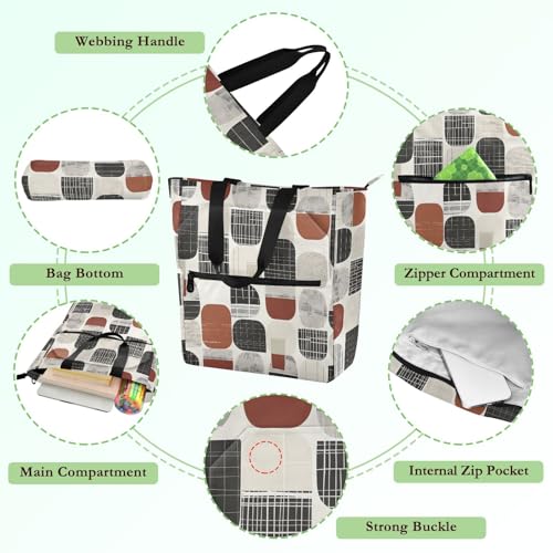 Retro Geometric Abstract Blocks Tote Bag for Book Lovers Reusable Bags with Zipper Pocket for School Work Shopping3