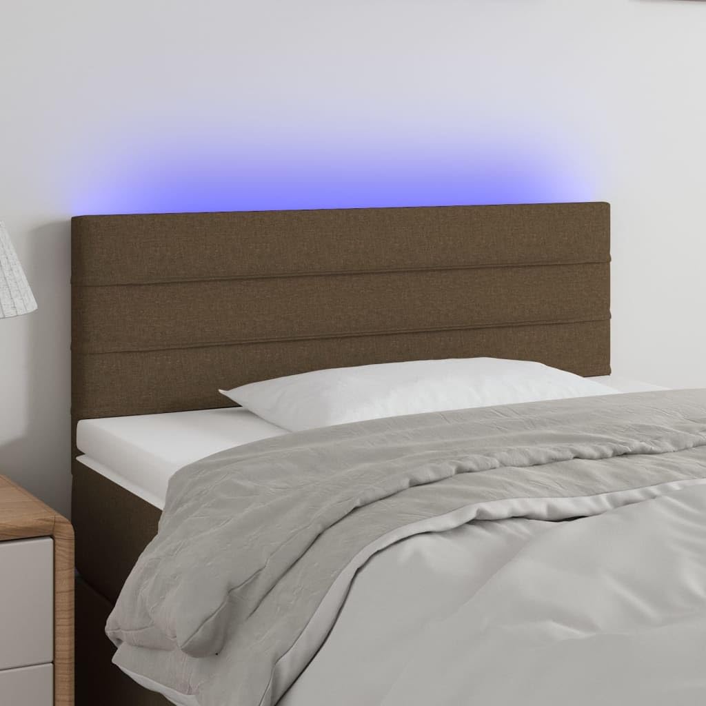 Testiera del letto a LED, tessuto marrone scuro, 80x5x78/88 cm, con altezza regolabile e striscia LED da taglio, fornisce supporto per la schiena.