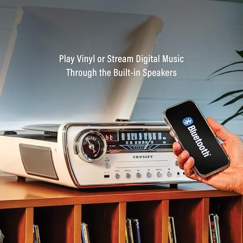 Image of Crosley CR6047A-WH Powel 7-in-1 Bluetooth in /Out Vinyl Record Player with AM /FM Radio, CD Player, and Aux-in, White