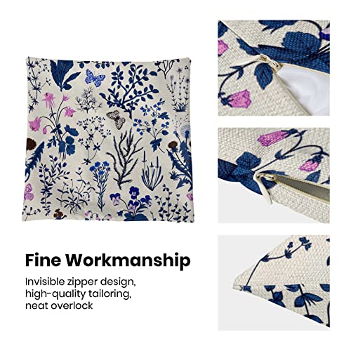 Image of AEIOAE Summer Pillow Covers 18x18 Inch Set of 2,Navy Blue Wild Flower Plant Throw Pillows Case,Seasonal Floral Outdoor Decorative Square Linen Farmhouse Decor Cushion Covers for Home Sofa Bed Couch
