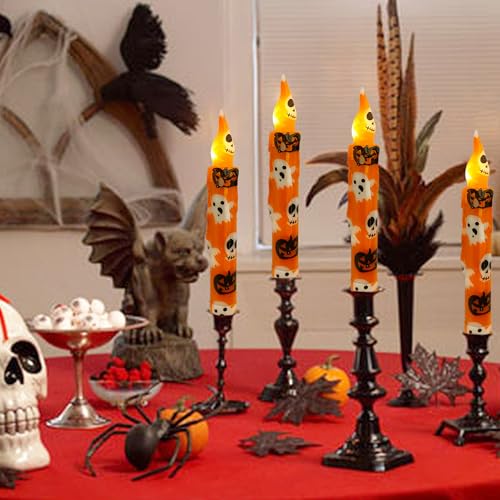Image of Halloween Candlesticks Flameless Taper Candle, 4pcs Printed LED Tapered Candles Remote Dipped Candle 6inch Battery Chandelier for Enchanting Weddings and Harry Potter Inspired Vigils(Hall)