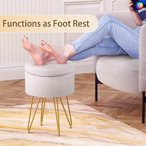 Runlexi Storage Ottoman, Round Footrest Stool Ottoman With Removable Cover & Adjustable Legs, Dutch Velvet Vanity Stool, Soft Padded Seat, Modern Decorative Accent Stool For Makeup, Bedroom, White #TOP2