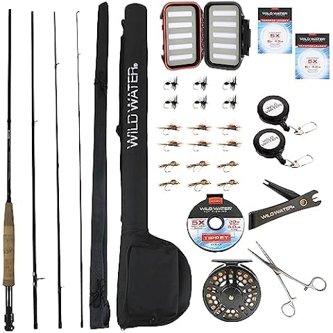 Wild Water Fly Fishing Combo Starter Kit with CNC Machined Fly Reel, 9 Foot, 4-Piece, 5/6-Weight Graphite Fly Rod with Cork Handle, Accessories, Carrying Case, Fly Box Case & Fishing Flies Cover