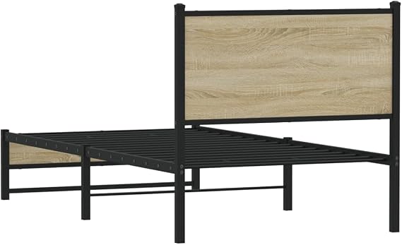 Single Bed Frame Small Single 75x190 cm, Sonoma Oak Metal with Headboard, 196x80x91.5 cm, Under-Bed Storage, Easy Assembly, Robust Steel Slats for Kids Guest Loft Bedroom