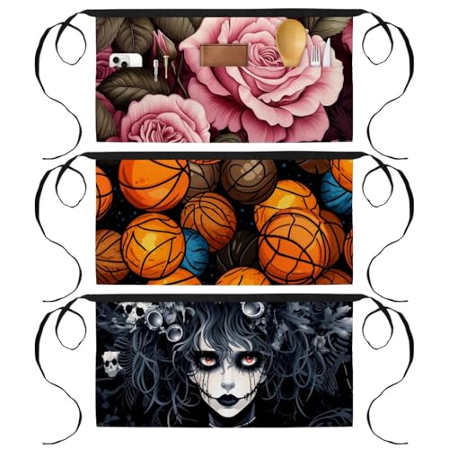 3 Packs Short Server Aprons, 3 Pockets Waist Apron, Basketball Kitchen Chef Aprons, Work Half Apron for Waitress Waiter