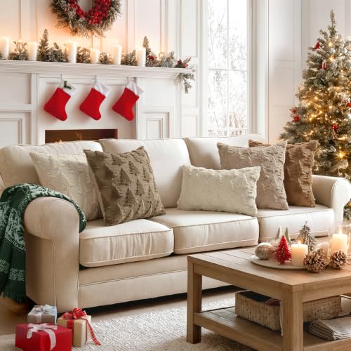 Image of MIULEE Christmas Throw Pillow Covers Coffee Christmas Decorations Set of 2 Xmas Tree 18x18 Pillow Covers Soft Plush Faux Wool Pillowcases Holiday Festivals Winter Home Decor Sofa Couch Bed Porch