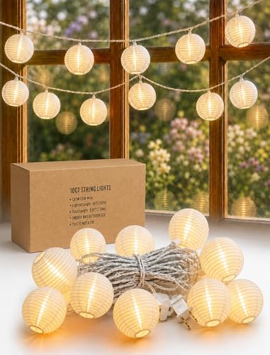 Konictom 8.5Ft Outdoor White Mini Lantern String Lights, 10 Nylon Lanterns for Patio, Bedroom, Wedding Party Decoration, White Wire