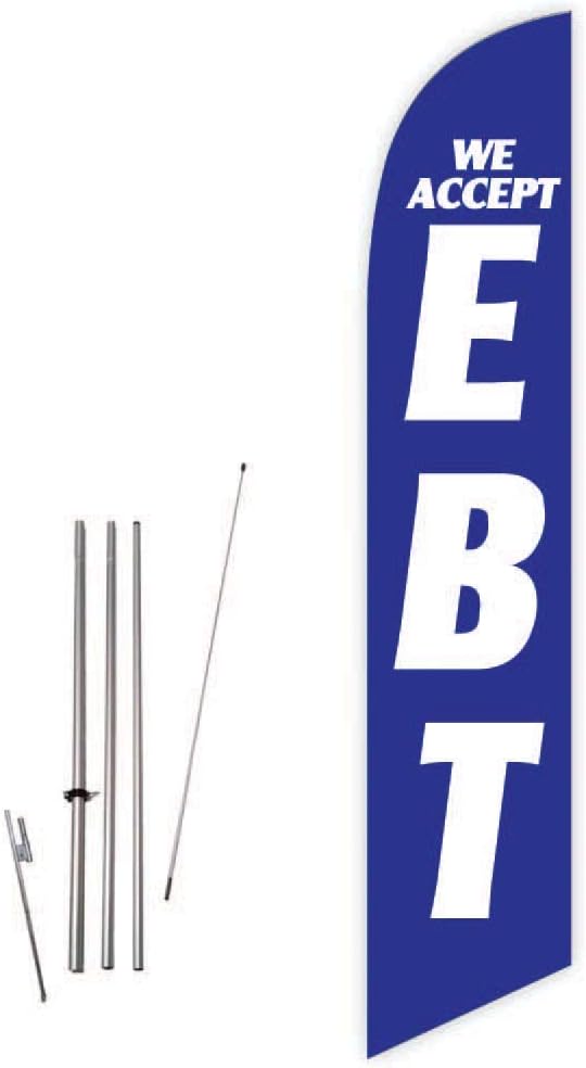 We Accept EBT (Blue) Feather Flag with Complete 15ft Pole kit and Ground Spike