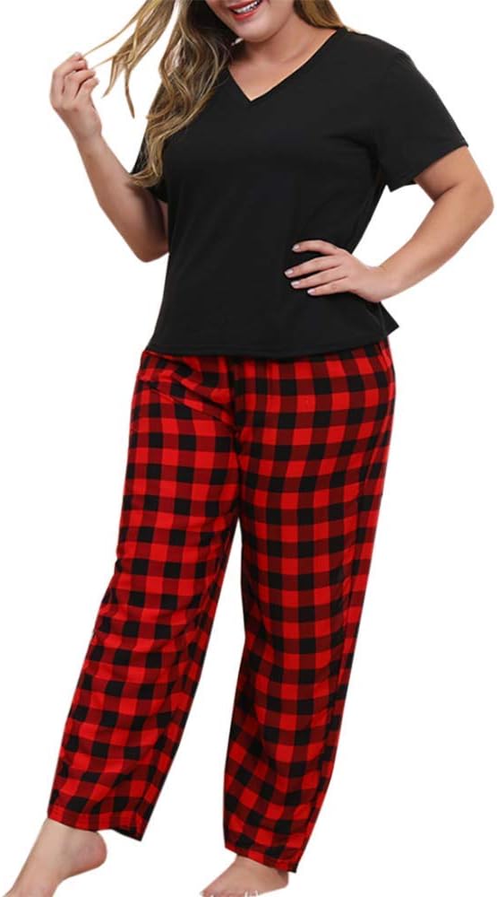 Women Plus Size Pajamas Set Plaid Lounge Pants V-Neck Short Sleeve Cotton T Shirt 2 Piece Sleepwear