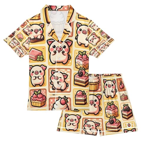senya Cute Pig with Cake Satin Summer Pajama Sets Silk Short Sleeve Button Down Sleepwear
