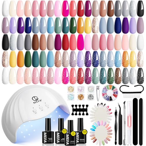 MEFA Gel Nail Polish Kit with U V Light, 32 Colors All Seasons Nude Gel Nail Polish Set with Base and Matte/Glossy Glitter Top Coat Nail Art DIY Decorations Manicure Tools Gifts for Women