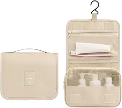 Necessaire Feminina de Viagem Organizador com Gancho para Pendurar Ideal para Mala e Banheiro (Bege)