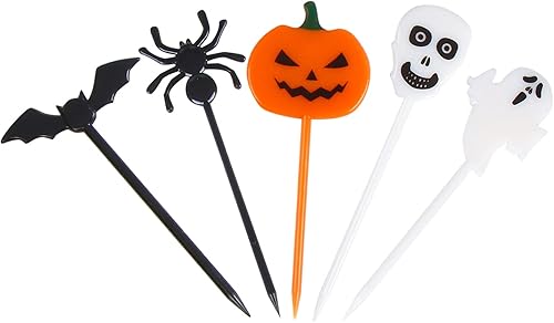 CCINEE 80 púas de plástico para Halloween, para cupcakes de Halloween, palillos de alimentos, arañas de calabaza fantasma, murciélagos, calavera,