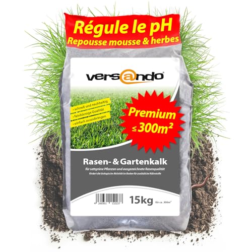 versando 15kg de chaux à gazon & chaux de jardin jusqu'à 300m² : repousse mousse, mauvaises herbes favorise le développement du sol & des racines idéal pour le gazon avec effet longue durée