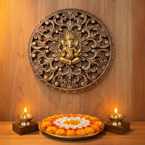 Image of Art Street Ganesha Wall Plaque with 3D Embossed Floral Design, MDF Round Plaque, Gold Antique Finish, Lord Ganesha Idol for Pooja Room, Living Room, or Office, Traditional Hindu Wall, 30x30 cm