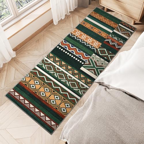 GarveeHome Vintage Geometric Patchwork Green Rug for Living Room 6x9 Machine Washable Area Rug, Non-Slip Low-Pile Indoor Tribal Accent Carpet, Indoor Foldable Floor Cover for Bedroom Office