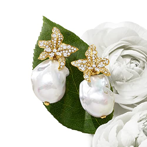 Ross-Simons Italian 13-18mm Baroque Pearl and 1.80 ct. t.w. CZ Flower Earrings in 18kt Gold Over Sterling2
