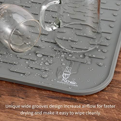 SUPER KITCHEN Extra Large Silicone Draining Board Mat with a Multifunctional Silicone Scrubber, Dish Drying Mats, Cutlery Drainer Mat, Countertop Mat Heat Resistant Trivet, (Grey, 54×46cm)