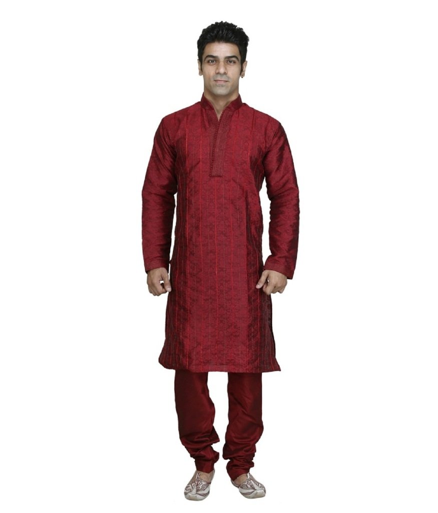 Men's Maroon Jacquard Pintex Sherwani-image-45