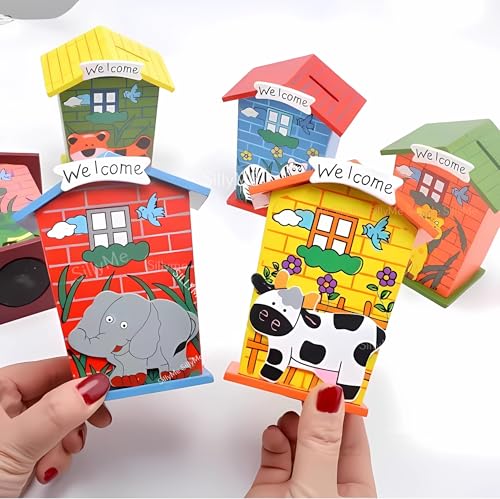 Image of 3pcs Wooden Piggy Banks - Return Gifts Birthday Party for Kids, Colourful Animal Hut Shaped Coin Banks - Return Gift for Kids Birthday Age 6-10 6-12