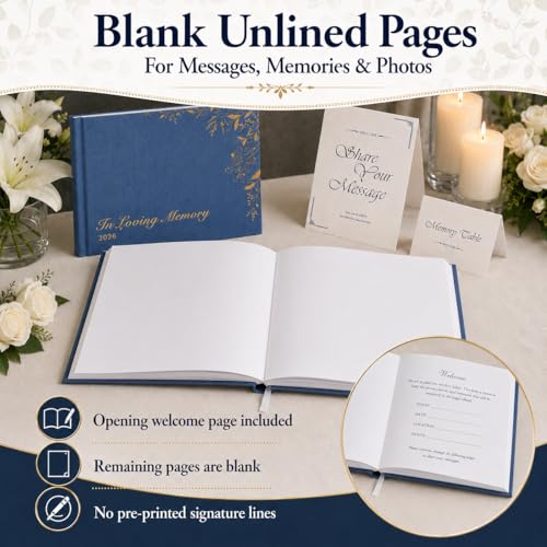 Image of Funeral Guest Book for Celebration of Life, Blank Unlined Memorial Memory Book, 2026 Blue Linen Gold Foil Hardcover with Table Sign & Welcome Card, 8.66 x 6.69 in, 120 Pages / 60 Sheets